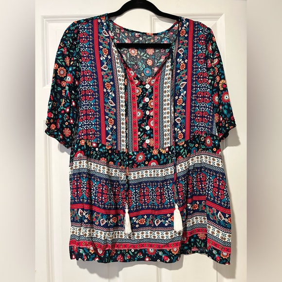 Women’s Casual Boho Floral V Neck Printed Bohemian Blouse - Multicolor - Picture 8 of 16